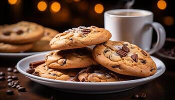 ai généré fraîchement cuit fait maison Chocolat puce biscuits sur une rustique en bois table généré par ai photo