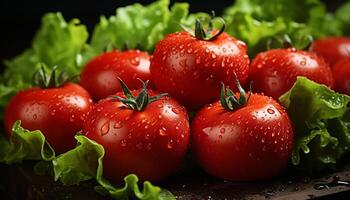 ai généré Frais tomate, en bonne santé salade, biologique légume, mûr fruit, humide feuille généré par ai photo