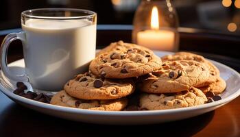 ai généré fraîchement cuit Chocolat puce biscuits sur une en bois table avec Lait généré par ai photo
