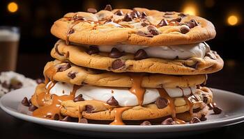 ai généré fait maison Chocolat puce biscuits empilés sur une rustique en bois assiette généré par ai photo