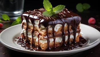 ai généré une Frais tranche de fait maison Chocolat gâteau sur une assiette généré par ai photo