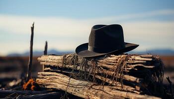 ai généré cow-boy chapeau, paille chapeau, le coucher du soleil Hommes Voyage en plein air, vieux façonné aventure généré par ai photo