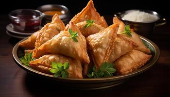 ai généré fraîcheur et croquant de fait maison végétarien samosa sur en bois assiette généré par ai photo