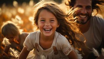 ai généré souriant enfant, bonheur, famille, de bonne humeur en plein air, les filles ayant amusement généré par ai photo