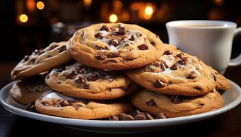 ai généré fait maison Chocolat puce biscuits sur rustique tableau, tentant indulgence généré par ai photo