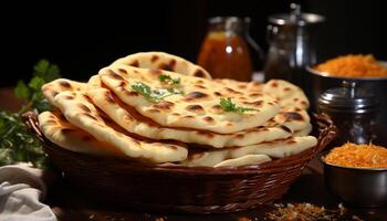 ai généré fraîcheur sur une en bois table fait maison pain, gourmet repas généré par ai photo