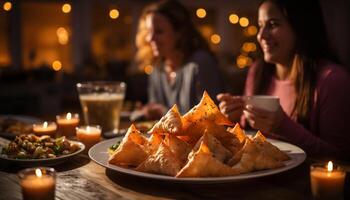 ai généré femmes profiter une confortable hiver repas à l'intérieur, en portant chaud les boissons généré par ai photo