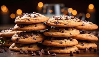 ai généré fait maison gourmet Chocolat puce biscuits sur rustique en bois table généré par ai photo