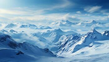 ai généré majestueux Montagne culminer, neige couvert paysage, tranquille hiver aventure généré par ai photo