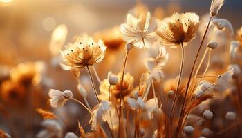 ai généré vibrant Jaune fleurs sauvages fleurs dans tranquille Prairie à le coucher du soleil généré par ai photo