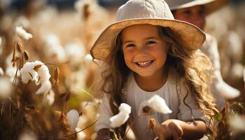 ai généré souriant enfant jouit nature, espiègle et insouciant dans Prairie généré par ai photo