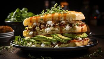 ai généré grillé du boeuf sandwich, Frais salade, fait maison guacamole, prêt à manger généré par ai photo