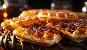 ai généré fraîchement cuit Belge gaufre, sucré indulgence sur rustique en bois assiette généré par ai photo