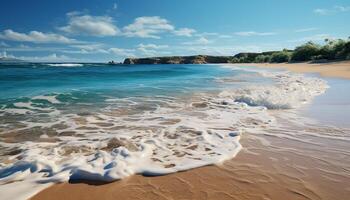 ai généré tranquille littoral, bleu eau, sablonneux plage été vacances paradis généré par ai photo