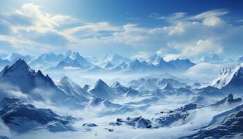 ai généré majestueux Montagne gamme, neige couvert pics, tranquille ciel, congelé paysage généré par ai photo