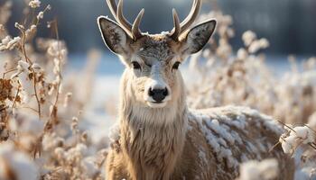 ai généré mignonne cerf pâturage dans neigeux prairie, à la recherche à caméra généré par ai photo