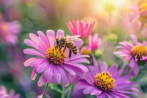 ai généré abeille sur une violet aster dans d'or lumière photo