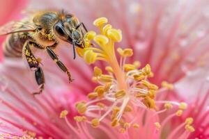 ai généré abeille collecte pollen sur rose fleur photo