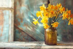 ai généré ensoleillé jonquilles dans un antique pot photo