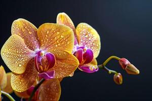 ai généré rosée embrassé orchidées contre foncé toile de fond photo