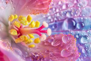 ai généré macro beauté de une couvert de rosée hibiscus fleur photo