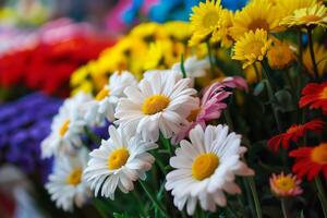 ai généré vibrant Marguerite sélection à une fleur marché photo