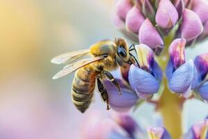ai généré abeille sur lupin dans pollen récolte photo