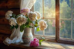 ai généré cottagecore hortensias par fenêtre lumière photo