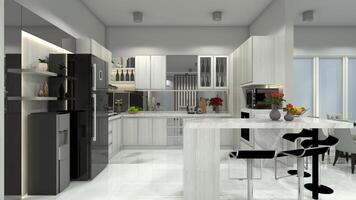 moderne cuisine cabinet avec marbre bar table et boisson comptoir, 3d illustration photo