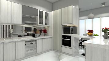 moderne et luxe cuisine conception avec doux en bois cabinet et marbre comptoir, 3d illustration photo