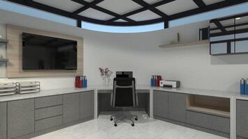 moderne intérieur Bureau pièce conception avec la télé cabinet et espace de rangement compartiment, 3d illustration photo