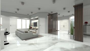 luxe vivant pièce et foyer conception avec la télé armoire, canapé et en bois cloison, 3d illustration photo