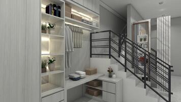 moderne garde-robe escaliers espace de rangement compartiment et mur panneau cloison conception, 3d illustration photo