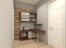 minimaliste espace de travail conception avec en bois bureau et pendaison armoire, 3d illustration photo