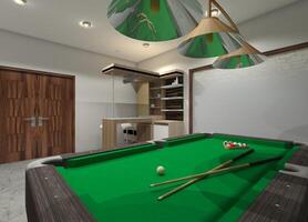 moderne billard pièce conception avec compteur bar armoire, 3d illustration photo