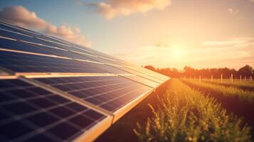 ai généré solaire panneaux dans ferme avec lumière du soleil, vert énergie, alternative énergie photo