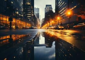 ai généré commercial grattes ciels et bâtiment. une ville rue capturé avec une flaque de l'eau dans le milieu, reflétant le alentours bâtiments et qui passe voitures. photo