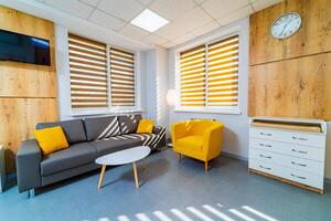 moderne intérieur pièce avec canapé et tableau. élégant lumière pièce dans Nouveau hôpital. photo