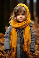 ai généré une petit enfant est permanent dans le les bois. une Jeune fille des stands en plein air portant une vibrant Jaune écharpe et manteau. photo