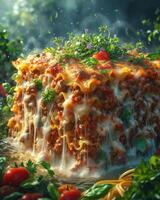 ai généré grand pièce de délicieux ringard lasagne avec Viande et Frais des légumes photo