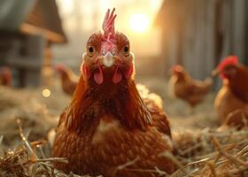 ai généré poulets sont séance sur foins dans le basse-cour à le coucher du soleil photo