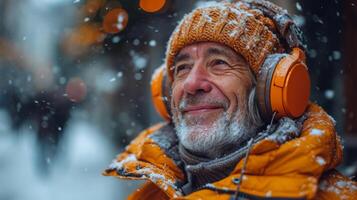 ai généré un plus âgée homme souriant tandis que portant écouteurs. une homme portant écouteurs des stands en plein air dans le neige, écoute à la musique et profiter le hivernal paysage. photo