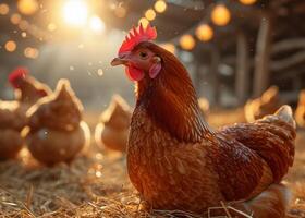 ai généré une peu poulet sont séance dans paille sur le sol. une groupe de poulets permanent en toute confiance sur Haut de une grand pile de foins dans une herbeux champ. photo