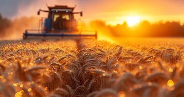 ai généré tracteur conduite par blé champ à le coucher du soleil photo