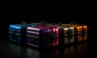 ai généré quatre multicolore les valises sur noir Contexte photo