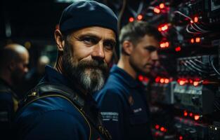 ai généré électriciens par une machine dans usine. une homme avec une barbe des stands dans de face de une serveur, examiner ses Composants et fabrication ajustements. photo