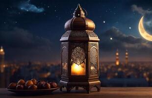 ai généré Ramadan kareem lanterne, lune dans nuit, Rendez-vous iftar, floue arabe ville dans arrière-plan, traditionnel musulman concept. photo