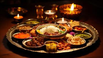 ai généré diwali thali avec un tableau de offrandes photo