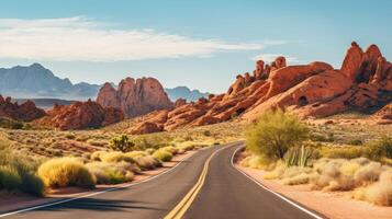 ai généré une désert route avec cactus et rouge Roche formations photo