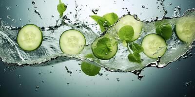 ai généré tranché concombres avec menthe feuilles flotte dans l'eau. fraîcheur photo